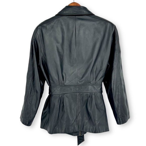 Vintage Y2K Black Leather Jacket Sz L Tie Belt Zip Funnel Neck by Preston & York - Picture 4 of 16